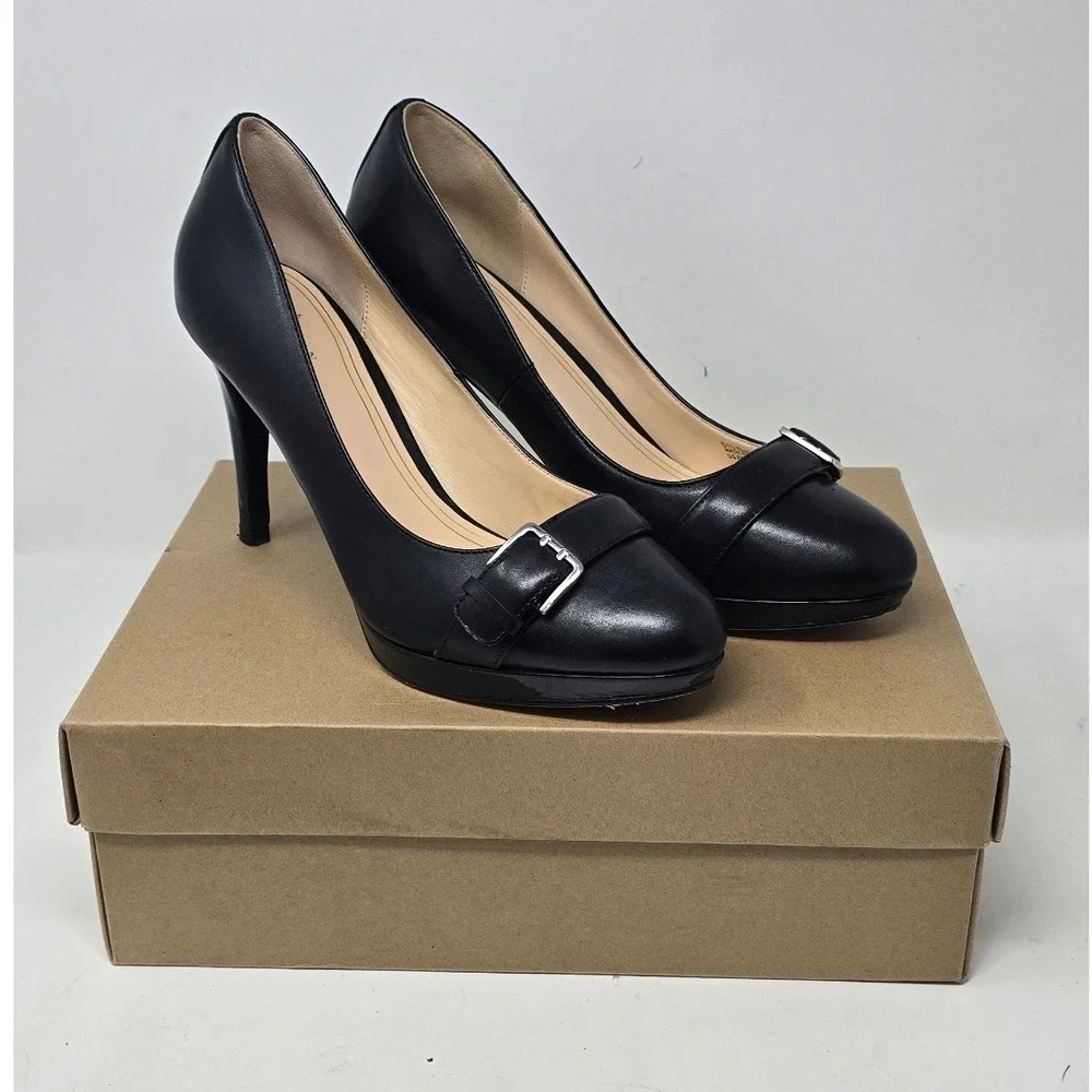 Cole Haan women 9.5B black Chelsea buckle pump Almond toe stiletto platform chic